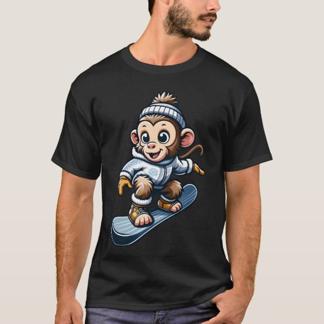 Chimpanzee on Snowboard Winter Sports friend T-Shirt (Front)