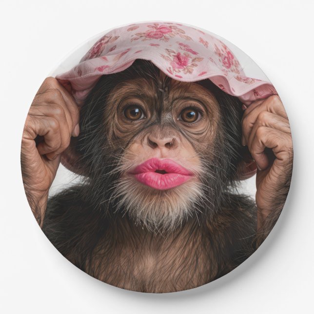 Chimpanzee Wearing Pink Lipstick Paper Plate (Front)