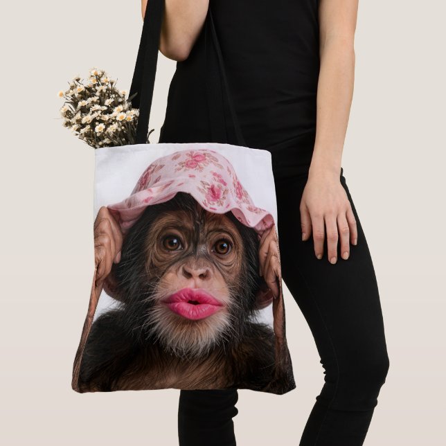 Chimpanzee Wearing Pink Lipstick Tote Bag (Close Up)