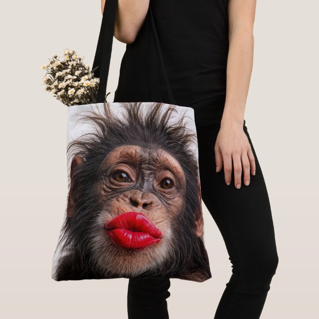 Chimpanzee Wearing Red Lipstick Tote Bag (Close Up)