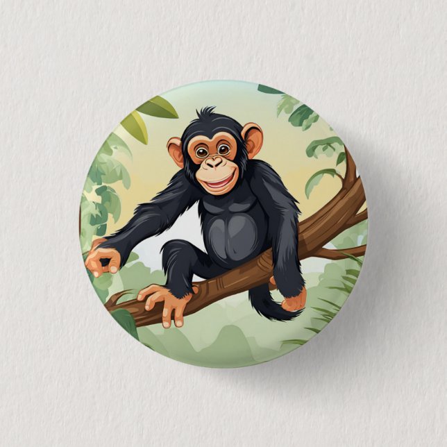Chimpanzee with her cute tail on the branch greets 3 cm round badge (Front)