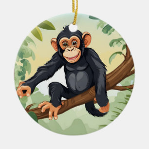 Chimpanzee with her cute tail on the branch greets ceramic tree decoration