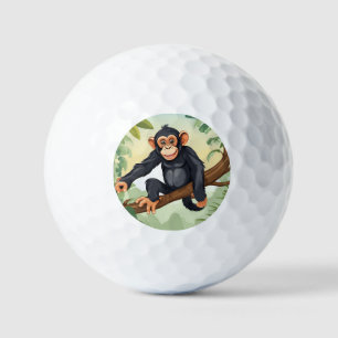 Chimpanzee with her cute tail on the branch greets golf balls