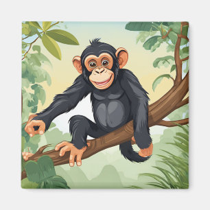 Chimpanzee with her cute tail on the branch greets magnet