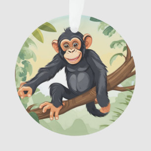 Chimpanzee with her cute tail on the branch greets ornament