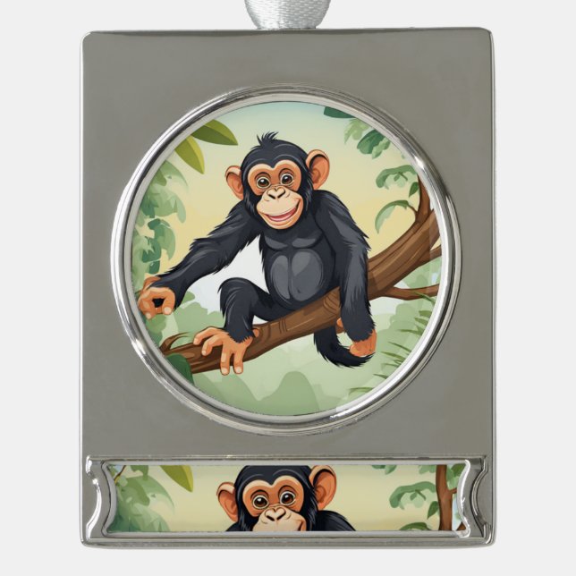 Chimpanzee with her cute tail on the branch greets silver plated banner ornament (Front)