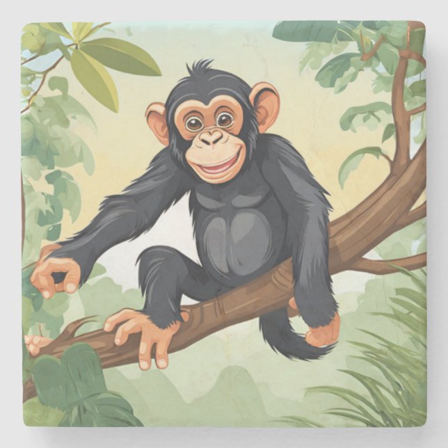 Chimpanzee with her cute tail on the branch greets stone coaster (Front)