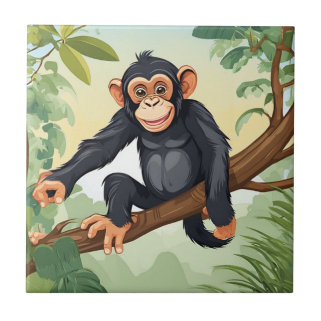 Chimpanzee with her cute tail on the branch greets tile (Front)