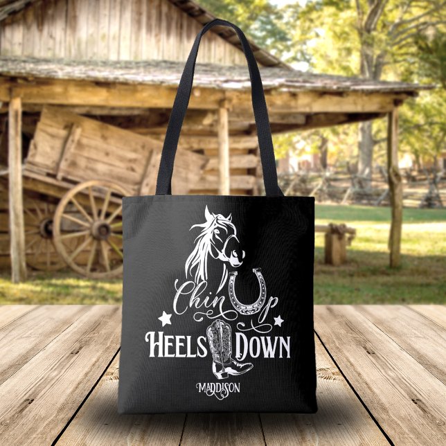 Chin up heels down cowgirl horse lover riding tote (Personalized cowgirl tote bag, quote: Chin up, heels down. Horse lover, western riding, horse.)