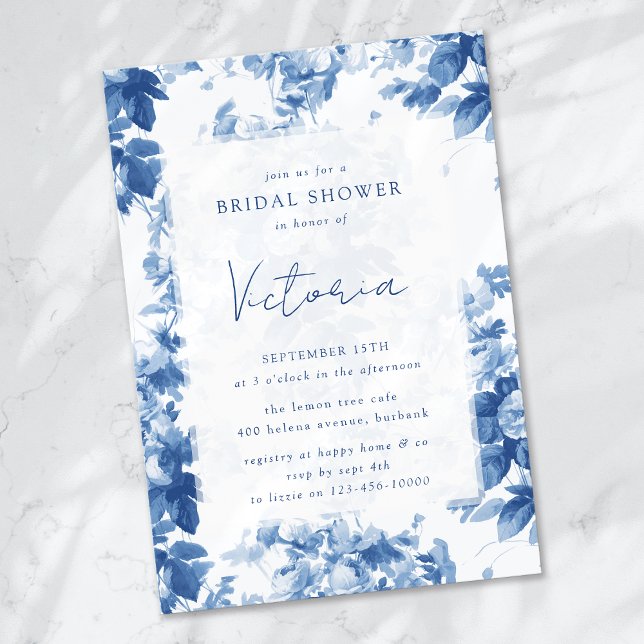 China Blue Watercolor Floral Bridal Shower Invitation (Creator Uploaded)