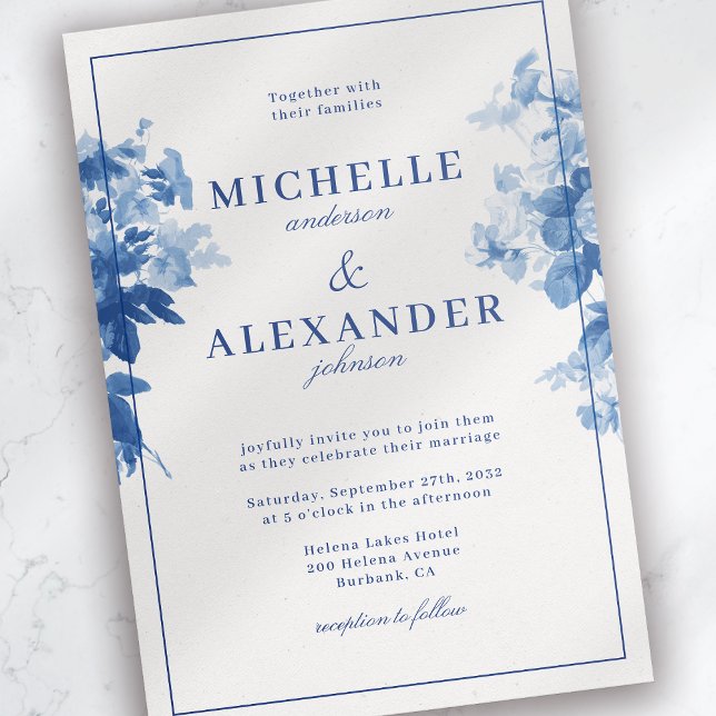 China Blue Watercolor Floral Wedding Invitation (Creator Uploaded)