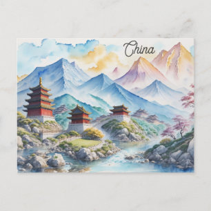 China Chinese Pagoda Mountain Watercolor Travel Postcard