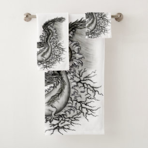 China Dragon, Black and white Design in Tattoostyl Bath Towel Set