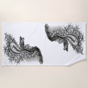 China Dragon, Black and white Design in Tattoostyl Beach Towel