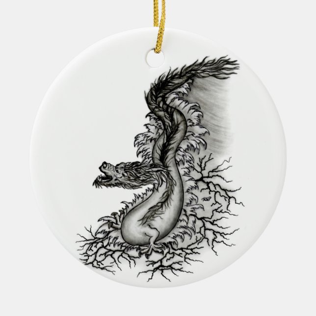 China Dragon, Black and white Design in Tattoostyl Ceramic Tree Decoration (Front)