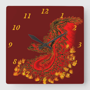 China Dragon red and gold  Square Wall Clock