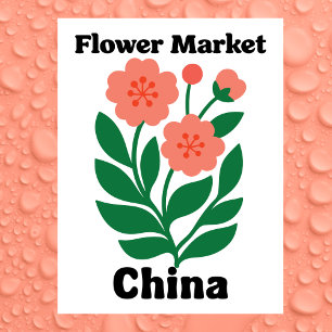 China Flower Market Coral Peony and Green Leaf Postcard
