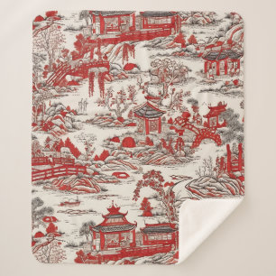China Garden Tee House Chinoiserie - Red and White Sherpa Blanket