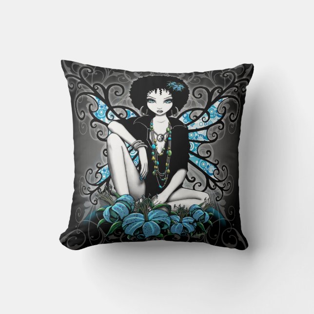 China Gothic Teal Retro Flower Fairy Throw Pillow (Front)
