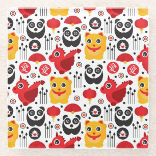 China lucky cat, dragon, and panda glass coaster