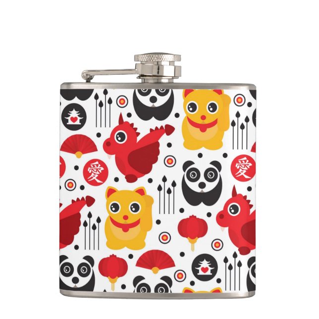 China lucky cat, dragon, and panda hip flask (Front)