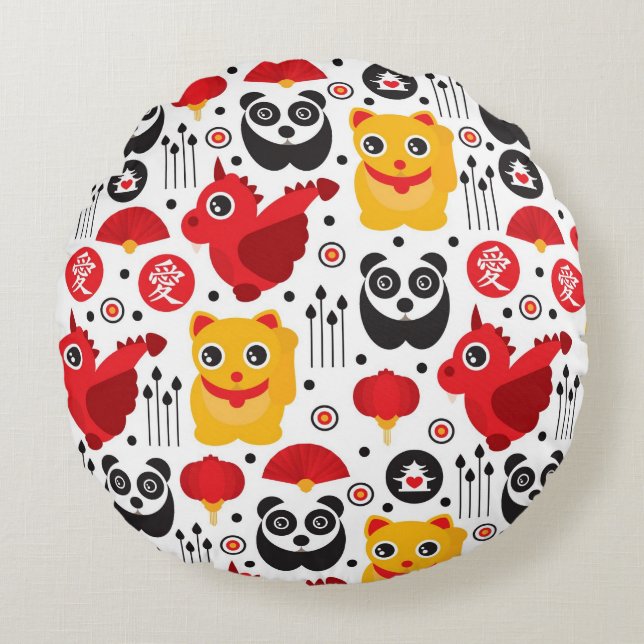 China lucky cat, dragon, and panda round cushion (Front)