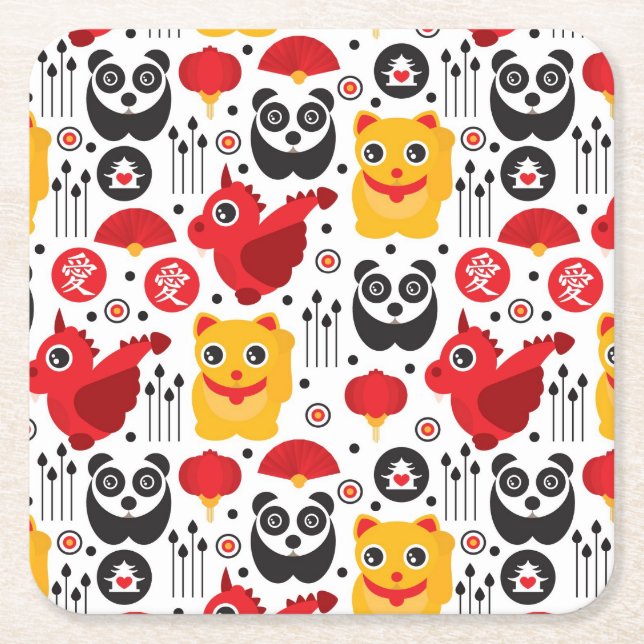 China lucky cat, dragon, and panda square paper coaster (Front)