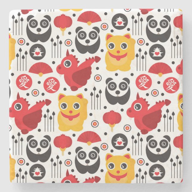China lucky cat, dragon, and panda stone coaster (Front)