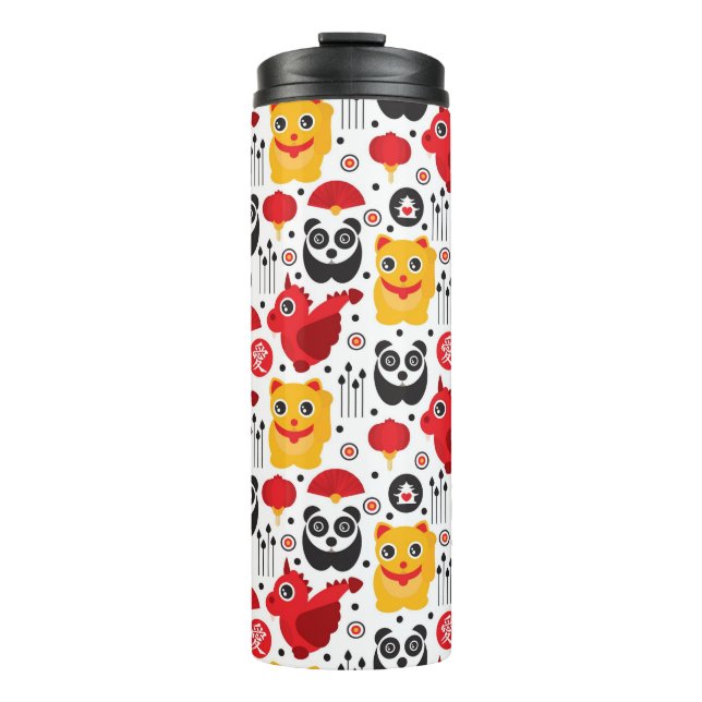 China lucky cat, dragon, and panda thermal tumbler (Front)