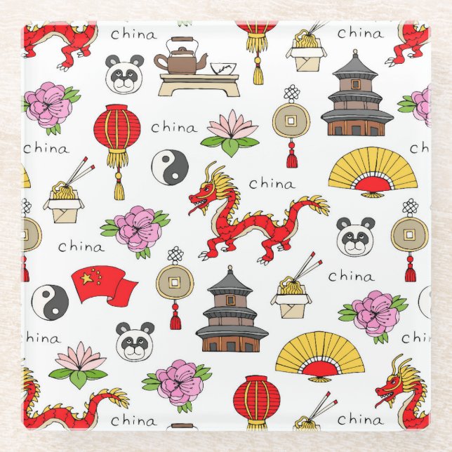 China Symbols Pattern Glass Coaster (Front)