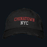 CHINATOWN NYC Red and White on Black Vintage Style Embroidered Hat<br><div class="desc">CHINATOWN NYC Red and White embroidery on Black distressed vintage style cotton hat. Embroidery is customisable to other colour choices by selecting the "Edit Design" tool button. Also available is the option to select choice of hat colour on the main item page.</div>