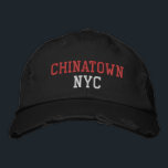 CHINATOWN NYC Red and White on Black Vintage Style Embroidered Hat<br><div class="desc">CHINATOWN NYC Red and White embroidery on Black distressed vintage style cotton hat. Embroidery is customisable to other colour choices by selecting the "Edit Design" tool button. Also available is the option to select choice of hat colour on the main item page.</div>