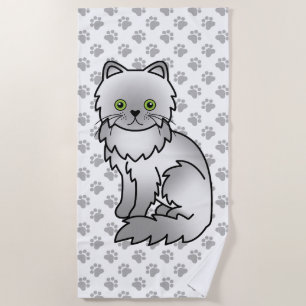 Chinchilla Grey Persian Cute Cartoon Cat & Paws Beach Towel