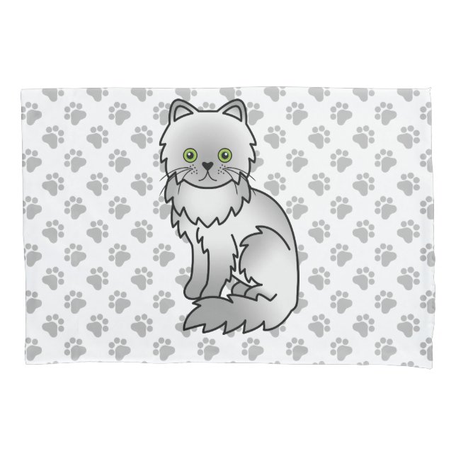 Chinchilla Grey Persian Cute Cartoon Cat & Paws Pillowcase (Front)
