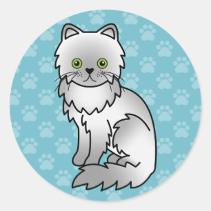 Chincilla Grey Persian Cat Cartoon Drawing On Blue Classic Round Sticker