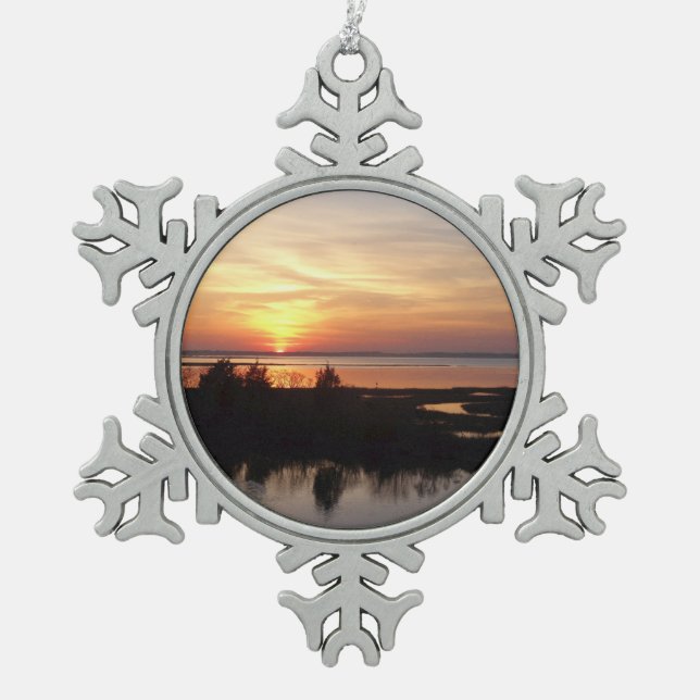 Chincoteague Sunset II Virginia Landscape Snowflake Pewter Christmas Ornament (Front)