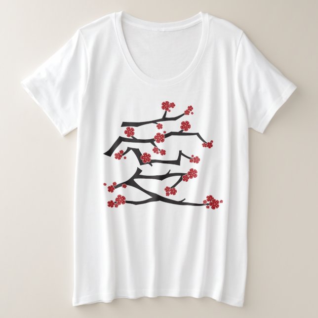 Chinese Ai Love Cherry Blossoms Red Sakura Wedding Plus Size T-Shirt (Design Front)