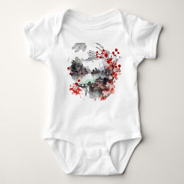 Chinese ancient pavilion landscape painting baby bodysuit (Front)