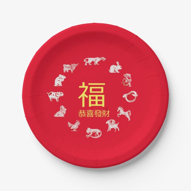 Chinese Animal Zodiac Lunar New Year Paper Plates (Front)
