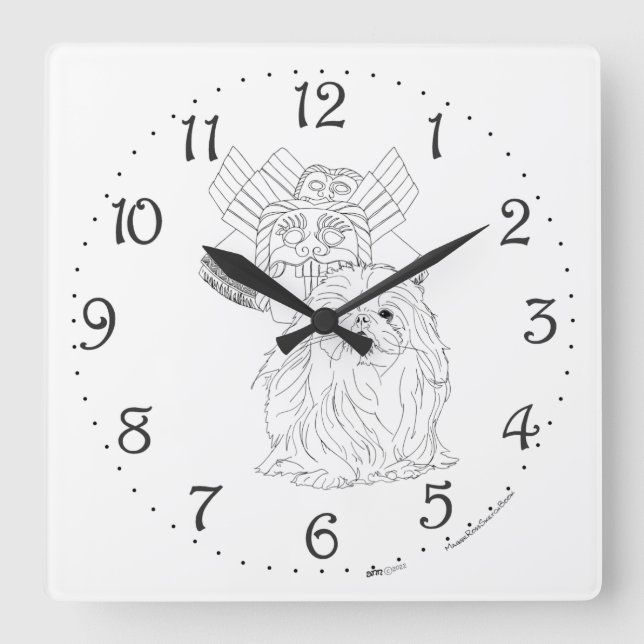 Chinese Art and Pekingese Dog Square Wall Clock (Front)
