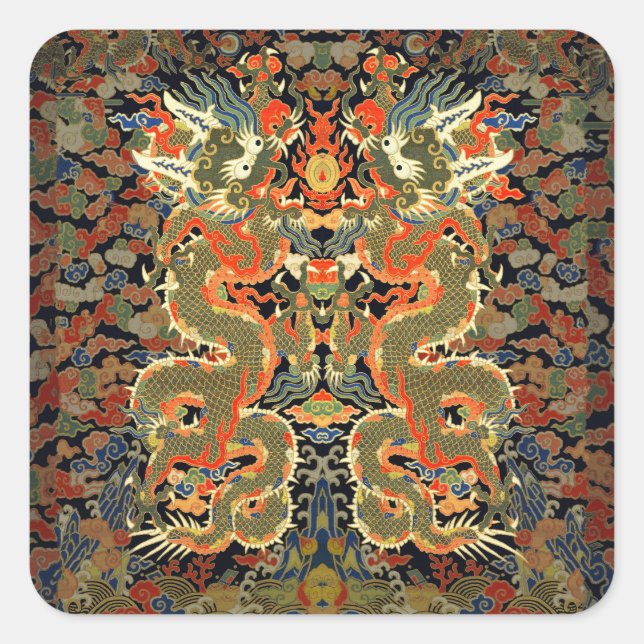 Chinese Asian Dragon Colourful Art Square Sticker (Front)