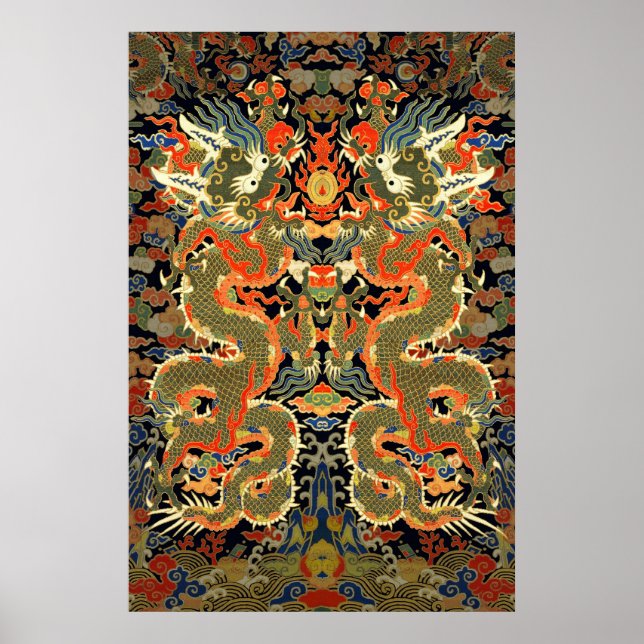 chinese asian dragon colourful embroidery creature poster (Front)
