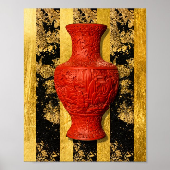 Chinese Asian Red Vase Black Gold Poster (Front)