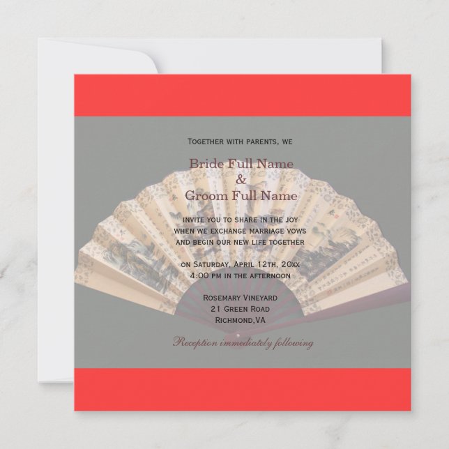 Chinese bamboo and silk fan wedding invitation (Front)
