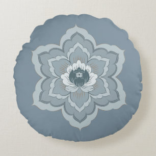 Chinese Baoxiang Flower in Misty Blue & Ink Jade Round Cushion