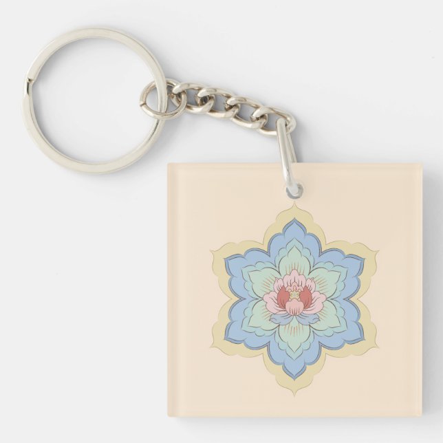 Chinese Baoxiang Flower in Peach & Sky Key Ring (Front)