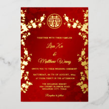 Chinese Bilingual | Gold Red Floral Wedding