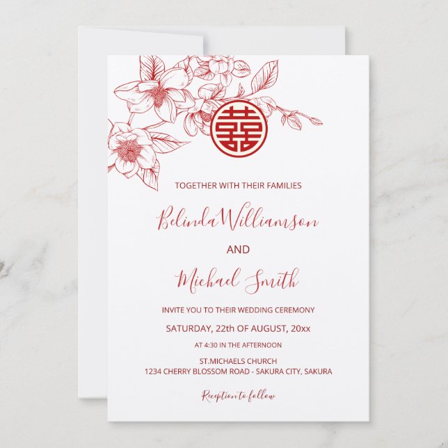 Chinese Bilingual | Magnolia Cream Chinese Wedding Invitation (Front)