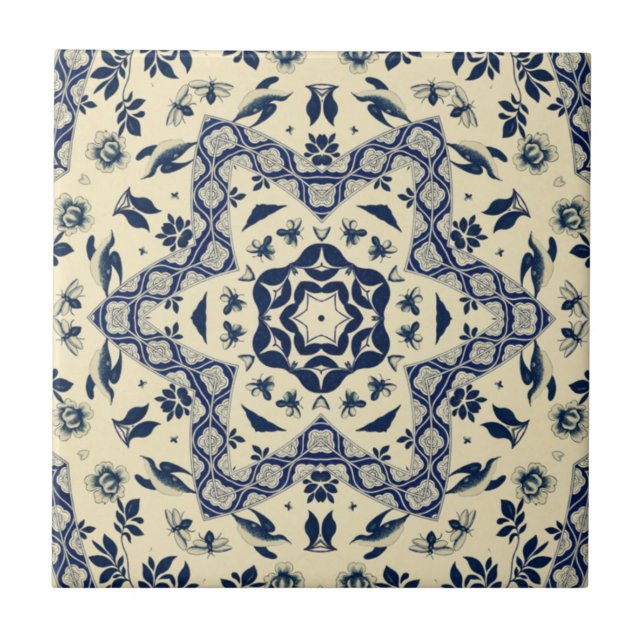 Chinese Birds ~ Bees ~ Flowers ~ Delft ~ * ~ Tile (Front)