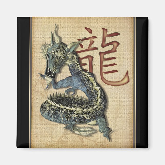 Chinese Blue Dragon Square Magnet (Front)